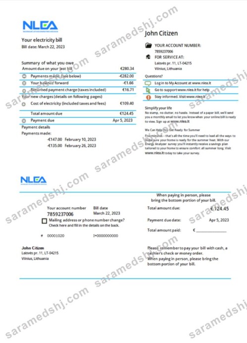 Lithuania National Lithuanian Energy Association utility bill Word and PDF template